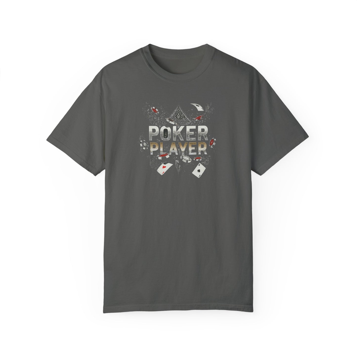 Poker Player" t-shirt. This classic tee is perfect for any poker enthusiast, featuring a [design element, e.g., bold graphic, funny slogan, minimalist design] that showcases your love for the game.  Made from comfortable, high-quality cotton, this t-shirt is a must-have for casual wear or crushing your next poker night.  Available in a variety of sizes, grab yours today and go all in on style!