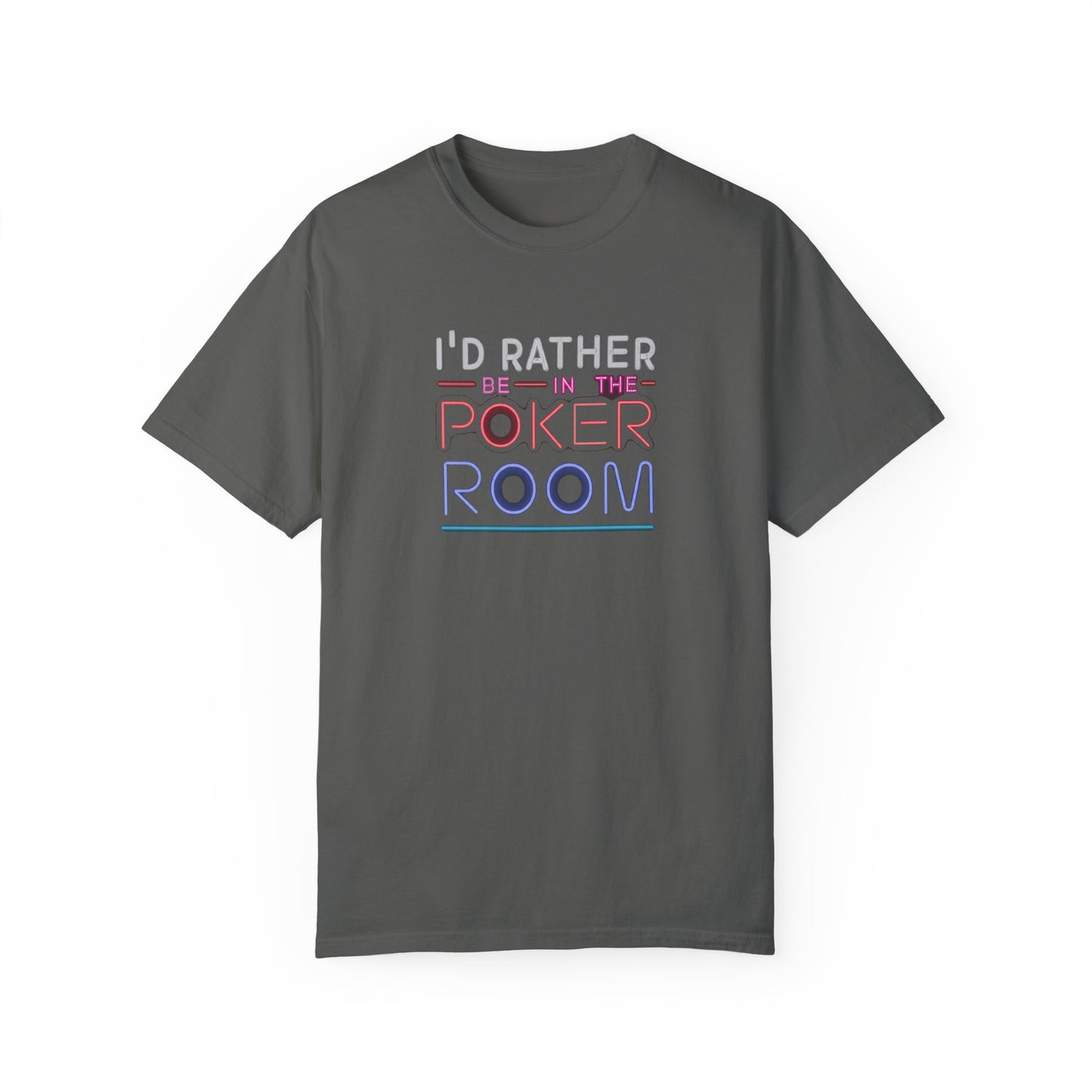 Declare your love for the game with the "I'd Rather Be in the Poker Room" t-shirt. This comfortable tee is the perfect gift for any poker enthusiast, featuring a classic design that speaks volumes. Whether you're crushing online tournaments or battling it out at a live event, this shirt lets everyone know where your heart lies.  Available in various sizes, it's a must-have for any poker player's wardrobe.