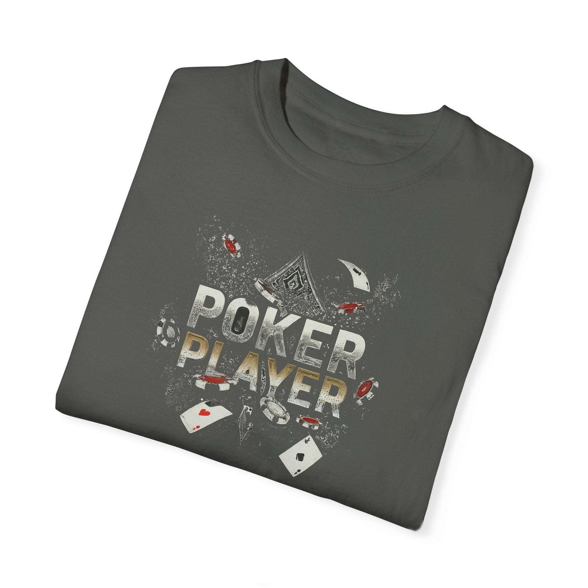 Showdown Your Style: The "Poker Player" T-Shirt  This classic cotton t-shirt is perfect for any poker enthusiast.  Whether you're a seasoned pro or a casual card shark, the bold "Poker Player" text lets everyone know you're ready to raise the stakes.  Made from comfortable, breathable fabric, this t-shirt is ideal for long nights at the table or a casual day out.  Available in a variety of sizes and colors, it's the perfect gift for yourself or the poker player in your life.  