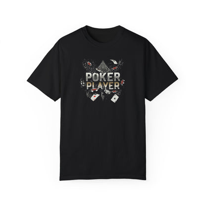 Poker Player" t-shirt. This classic tee is perfect for any poker enthusiast, featuring a [design element, e.g., bold graphic, funny slogan, minimalist design] that showcases your love for the game.  Made from comfortable, high-quality cotton, this t-shirt is a must-have for casual wear or crushing your next poker night.  Available in a variety of sizes, grab yours today and go all in on style!