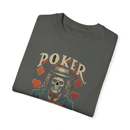 Declare your love for the game with the "Poker Addict" t-shirt. This comfortable tee is perfect for any Texas Hold'em enthusiast, featuring a funny or bold design that showcases your passion for poker.  A great conversation starter, this t-shirt is ideal for casual wear or your next trip to the casino.  Made from high-quality, breathable fabric, it's a must-have for any poker player's wardrobe.