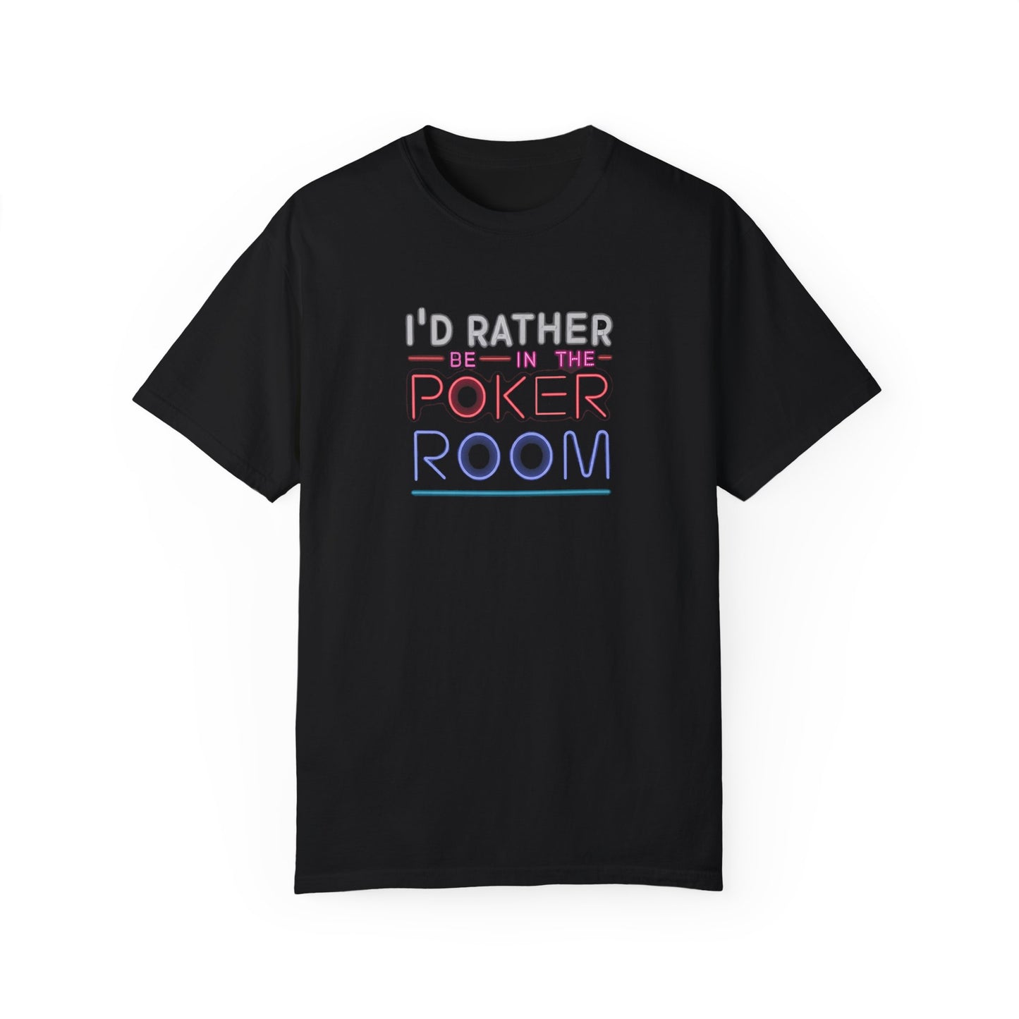 Declare your love for the game with the "I'd Rather Be in the Poker Room" t-shirt! This comfortable tee is the perfect gift for any poker enthusiast. Made from high-quality, breathable fabric, it's ideal for those long nights at the table, chasing the next big win. Whether you're a seasoned pro or a casual player, this t-shirt lets everyone know where your heart belongs - on the felt, with the cards in hand.